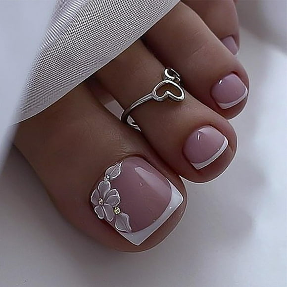 White French Tip Press on Toenails MABKJLF Short Fake Toe Nails Square False Toenails with Flower Rhinestones Designs Glossy Glue on Toe Nails Full Cover Acrylic Toenails for Women Girls 24 Pcs