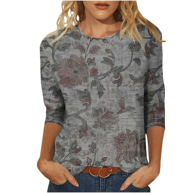 Htigea T-Shirts Grande Taille pour Femmes Manches 3/4 Vintage Hauts Décontractés Col Rond Tunique Doux Confortable Chandail Noir,L