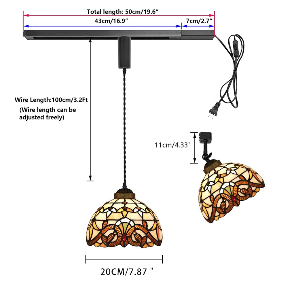 KAYYELAMP 1x Plug in Cable Track Rail, 1X Adjustable Cord, 1x Adjustable Angle Multi-Color Handmade Glass Shade Tiffany H-Type Track Lighting Fixture for Gallery Loft(No Bulb)