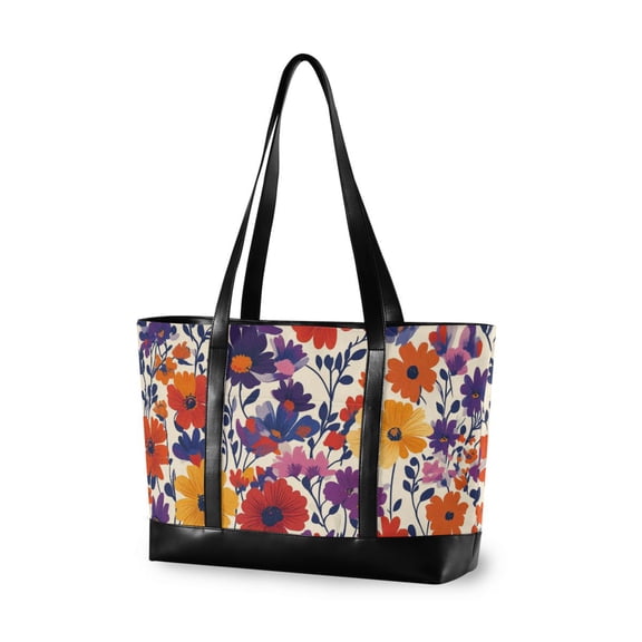 FORMRS Canvas Laptop Tote Bag for Women with 15.6" Computer Compartments Shoulder Handbag, Colorful Flowers Pattern