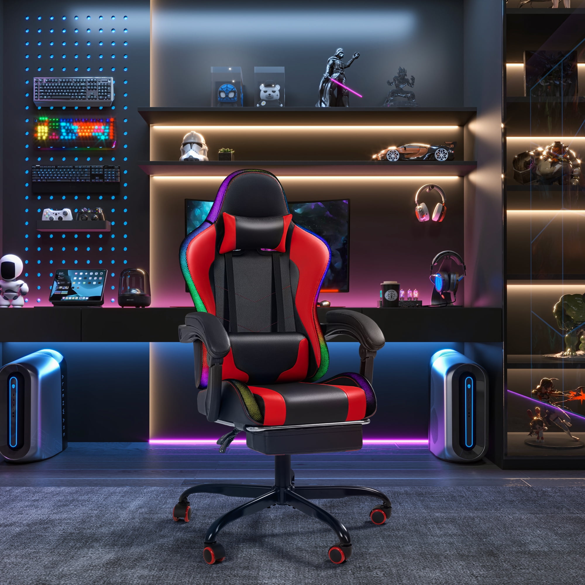 Homall RGB Gaming Chair with APP & Remote Control, LED Lights Ergonomic Computer Chair with Footrest & Massage Lumbar Support, Red