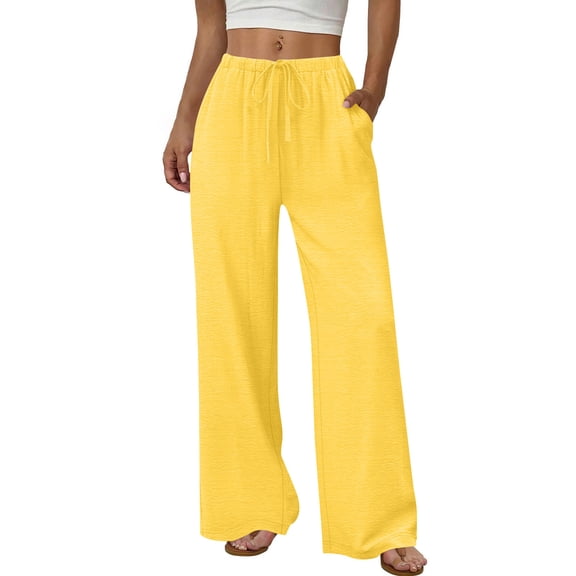 Lamiy Wide Leg Pants for Women Drawstring Elastic Waist Loose Casual Trousers with Pockets Summer Beach Vacation Flowy Pants,Yellow,XL