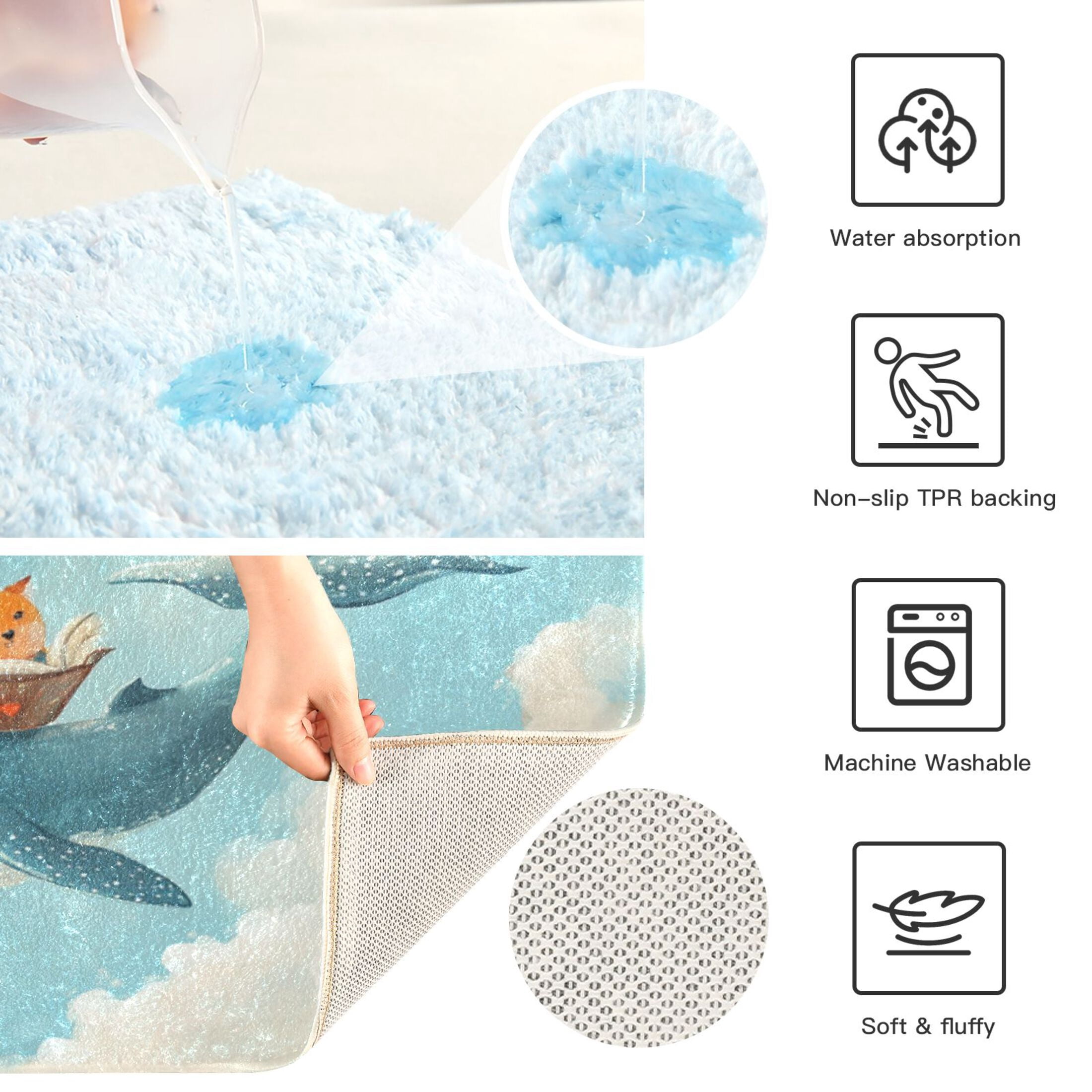 2 Piece Soft Bathroom Rug Set Fox and Whale Carrying Books Bath Mat and U-Shaped Toilet Contour Rug (16"x24"+20"x24")