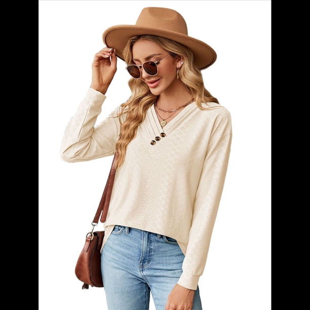 Blusas de Larga con Cuello en V para Mujer, Blusas Casuales Tipo Jersey, Blusas Holgadas y Elegantes, Blusas Tipo Túnica para Otoño. Albaricoque L