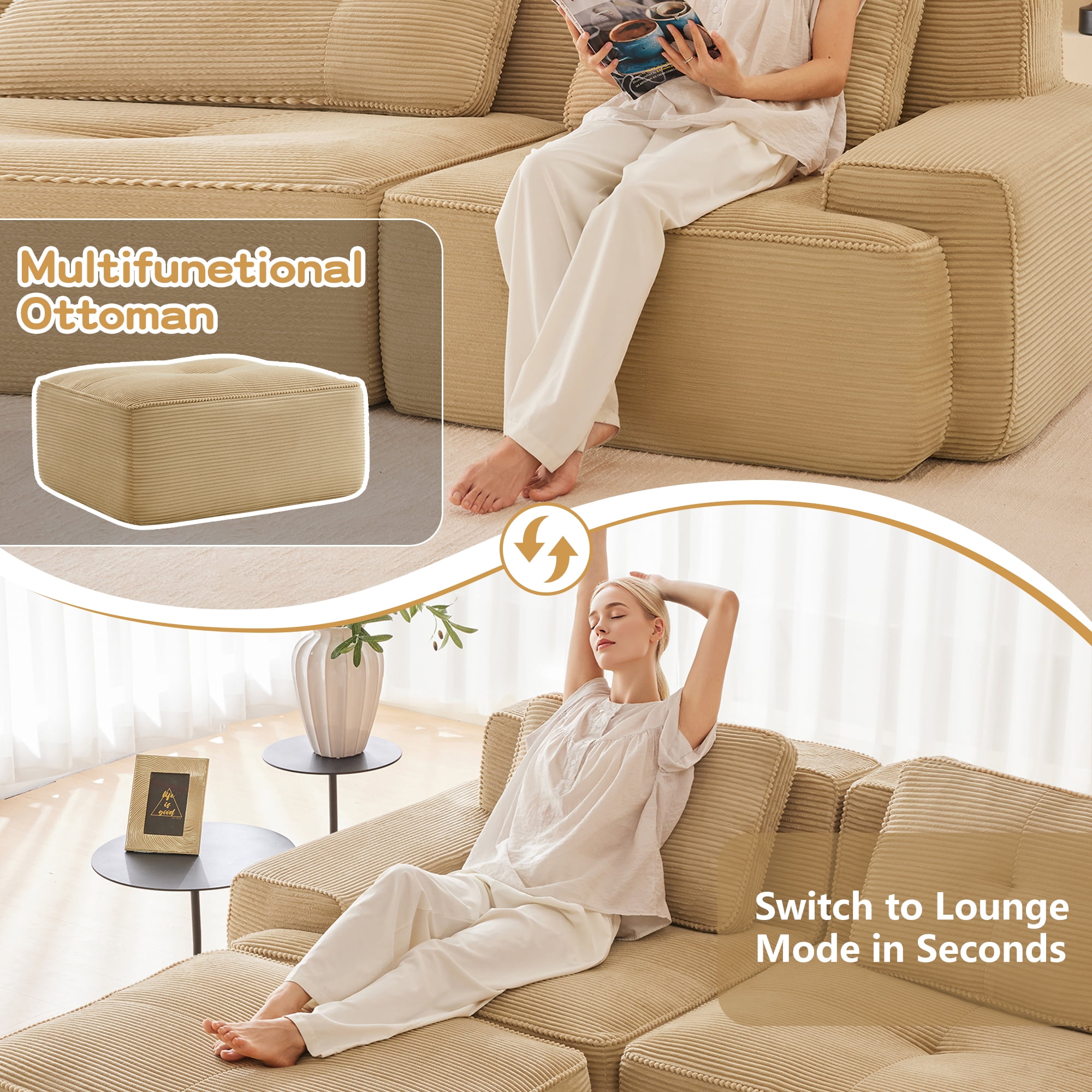 Aukfa 3-Piece Tufted Modular Sectional Sofa with Ottoman, 29.5-in Deep Seat, Corduroy, Camel