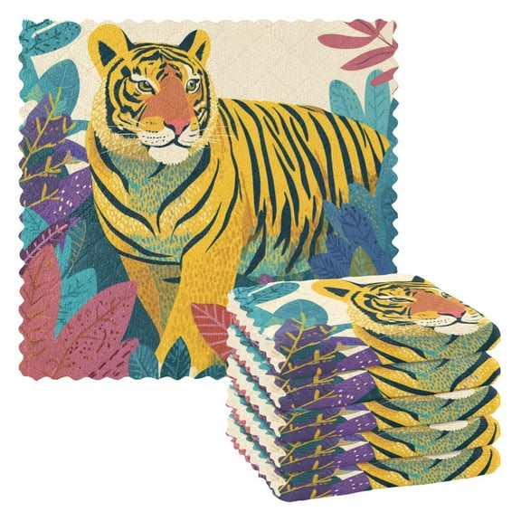 6 Pieces of Kitchen Towels 11x11Inch Kitchen Dish Cloths Kitchen Dish Towels Reuseable Cleaning Cloths Yellow Tiger