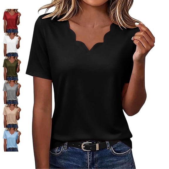 TGSLY Women's Seashell Edge V Neck Tops Lightweight Soft Solid Color Short Sleeve Shirts Dressy Casual Summer Vacation Blouses S