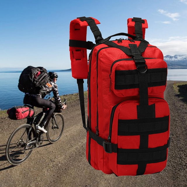 resistencia al agua senderismo mochila mochila mochila supervivencia escuela aventura viajar rojo cola mochila de senderismo de caza Mochila roja de día, vista 3/4 frontal con paneles Molle frontales, cremalleras metálicas visibles, correas acolchadas ajustables, hebillas de compresión y asa superior; tejido Oxford resistente, tamaño aproximado 43x24x20 cm. Adecuada para caminatas y acampada ligera; también es adecuada para organizar equipo compacto en viajes cortos.