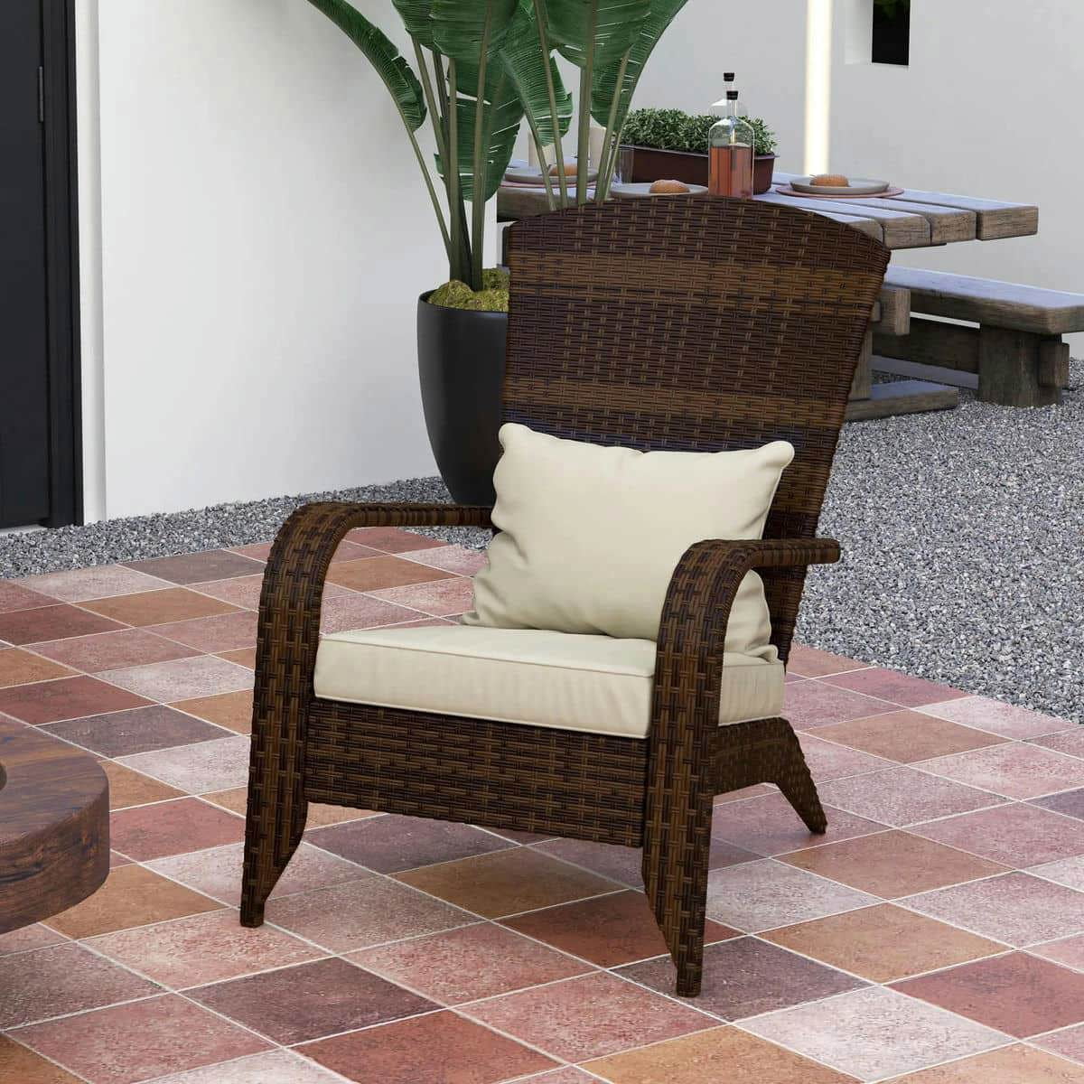 GVN Patio Accent Chair, Outdoor Adirondack Chairs, Patio Adirondack Chair with Rattan Wicker, Soft Cushions for Deck or Garden, Cream White