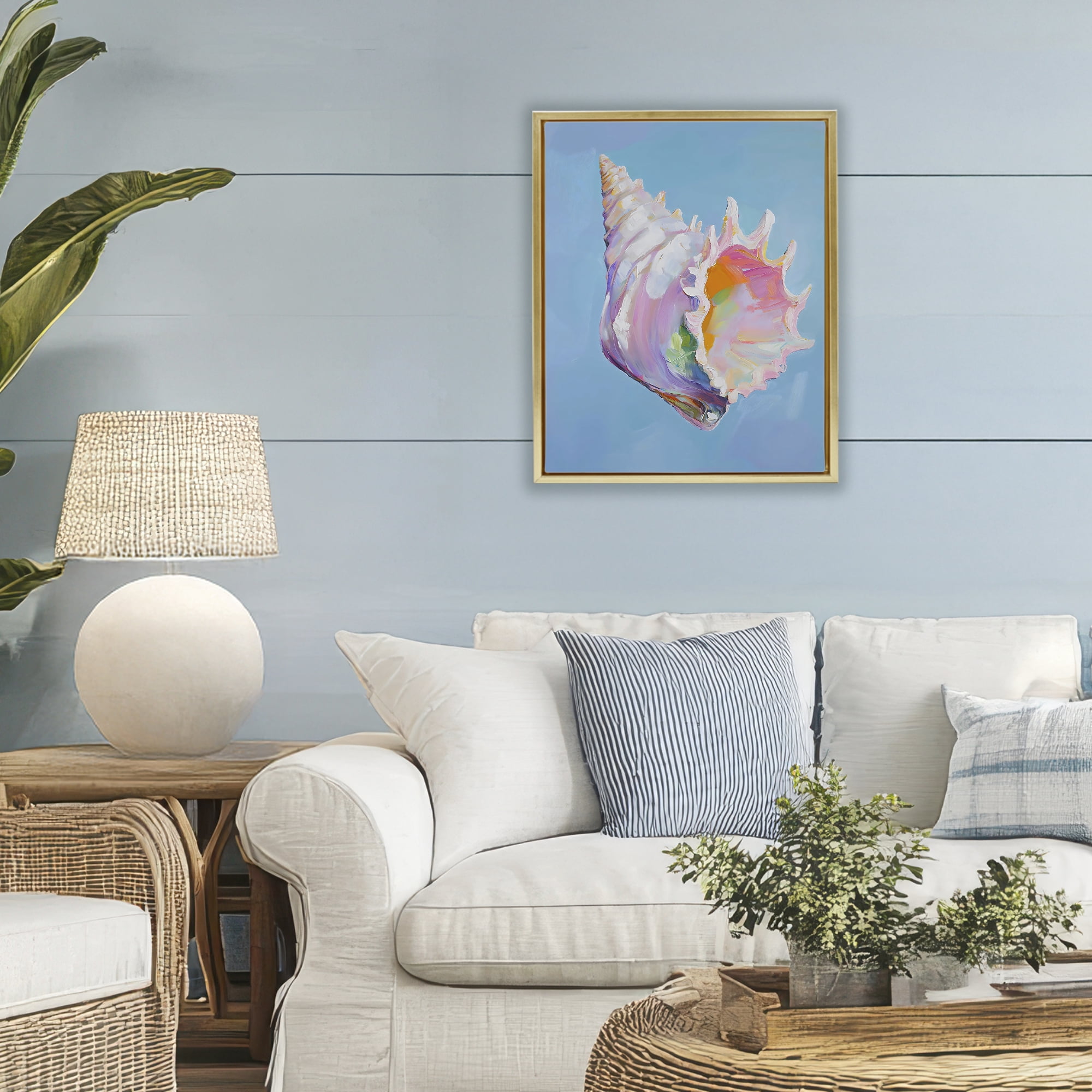 Stupell Industries Pastel Hued Conch on Blue Gold Framed Floater Canvas Wall Art, design by The Prints Vibe
