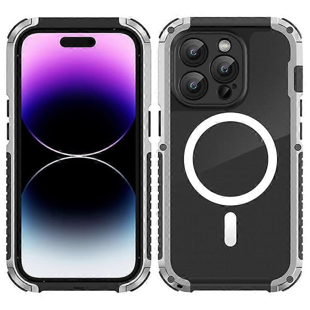 Y4O For iPhone 14 Pro Max Magnetic Case Aluminum Alloy + Silicone n5e + PC Clear Phone Cover - Silve