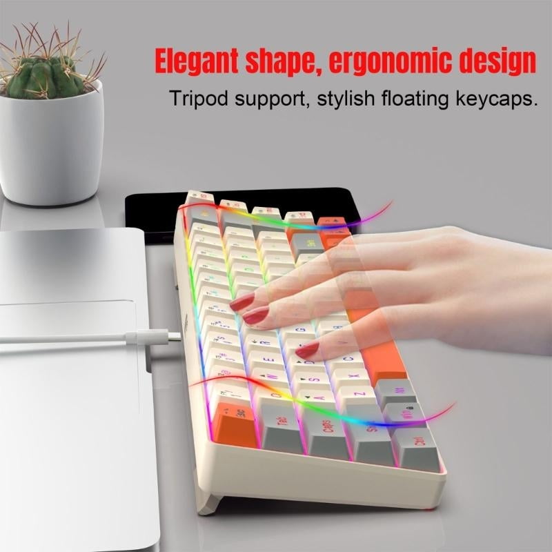 RGB Backlit Gaming Keyboard 68Keys, Ergonomic USB Wired Keyboard with Detachable USB Type C Cable for PC and IOS