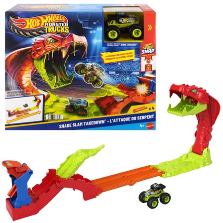 Hot Wheels Monster Trucks Snake Slam Takedown Playset with 1:64 Scale Bone Shaker Toy Vehicle