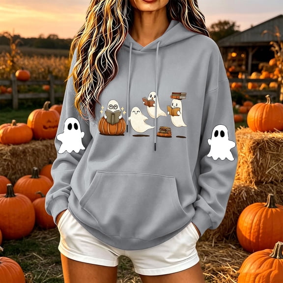 Mifsaly Womens Pullover Hoodie Halloween Oversized Graphic Sweatshirt Drop Shoulder Long Sleeve Hooded Sweatshirts Gray,XL