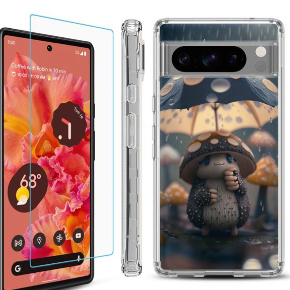 OneToughShield ® Compatible with Google Pixel 8 Pro, Shockproof Phone Case, with Tempered Glass Screen Protector - Frog n Mushroom