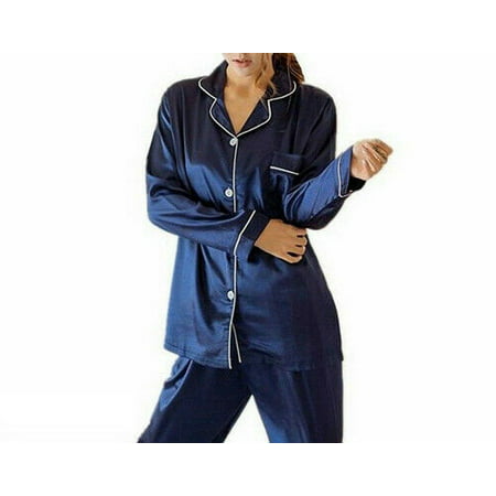 Women Lady Silk Satin Pajamas Set Pajamas Shirt Long Pants Sleepwear Nightwear Loungewear