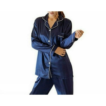 Women Lady Silk Satin Pajamas Set Pajamas Shirt Long Pants Sleepwear Nightwear Loungewear (Womens Silk Pajamas Best Price)