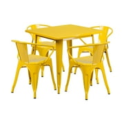 Offex 31.5" Square Yellow Metal Indoor-Outdoor Table Set with 4 Arm Chairs