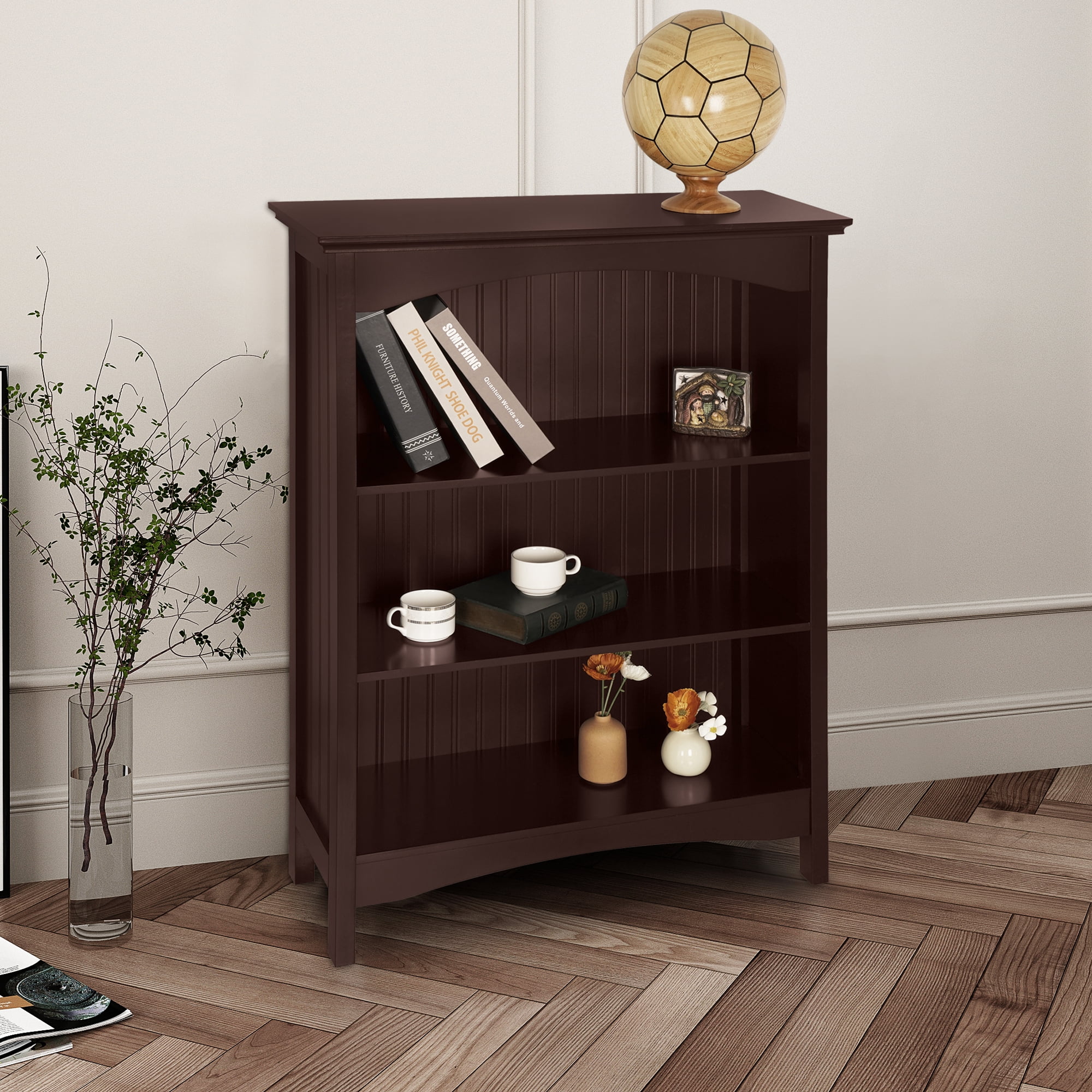 eHemco 3 Tier Storage Shelf Bookcase with 2 Arched Supports, 40 Inches Height, Cherry