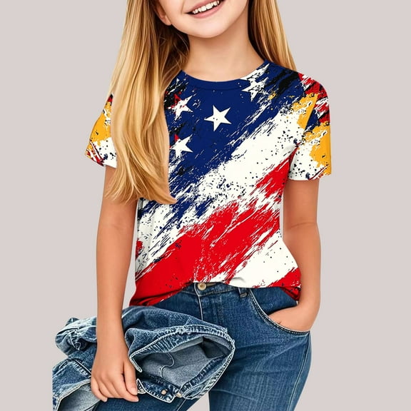 OKSALE Summer Cotton T Shirts for Girls Size 12 Patriotic Red White and Blue Shirt Novelty USA Flag Printed Tops 4th of July T-Shirt Casual Cotton Tees