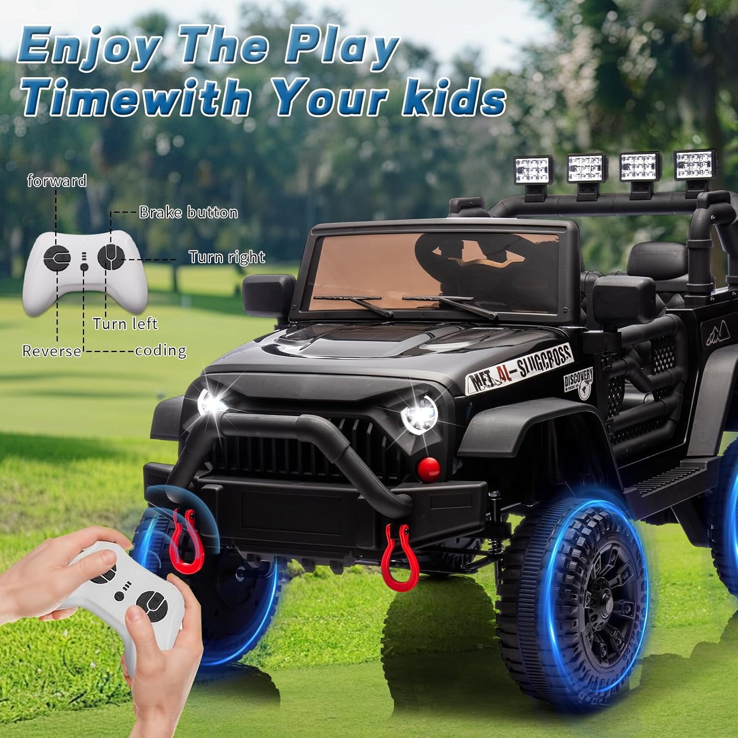POVANLI 24V Kids Ride on Toy Jeep with Parent Remote, Electric Truck Car for Kid w/ 2*200W Moter, 3 Speeds, LED Lights, Multifunctional Dashboard, Bluetooth Music, USB, Toy Gift for Boy Girl(Black)