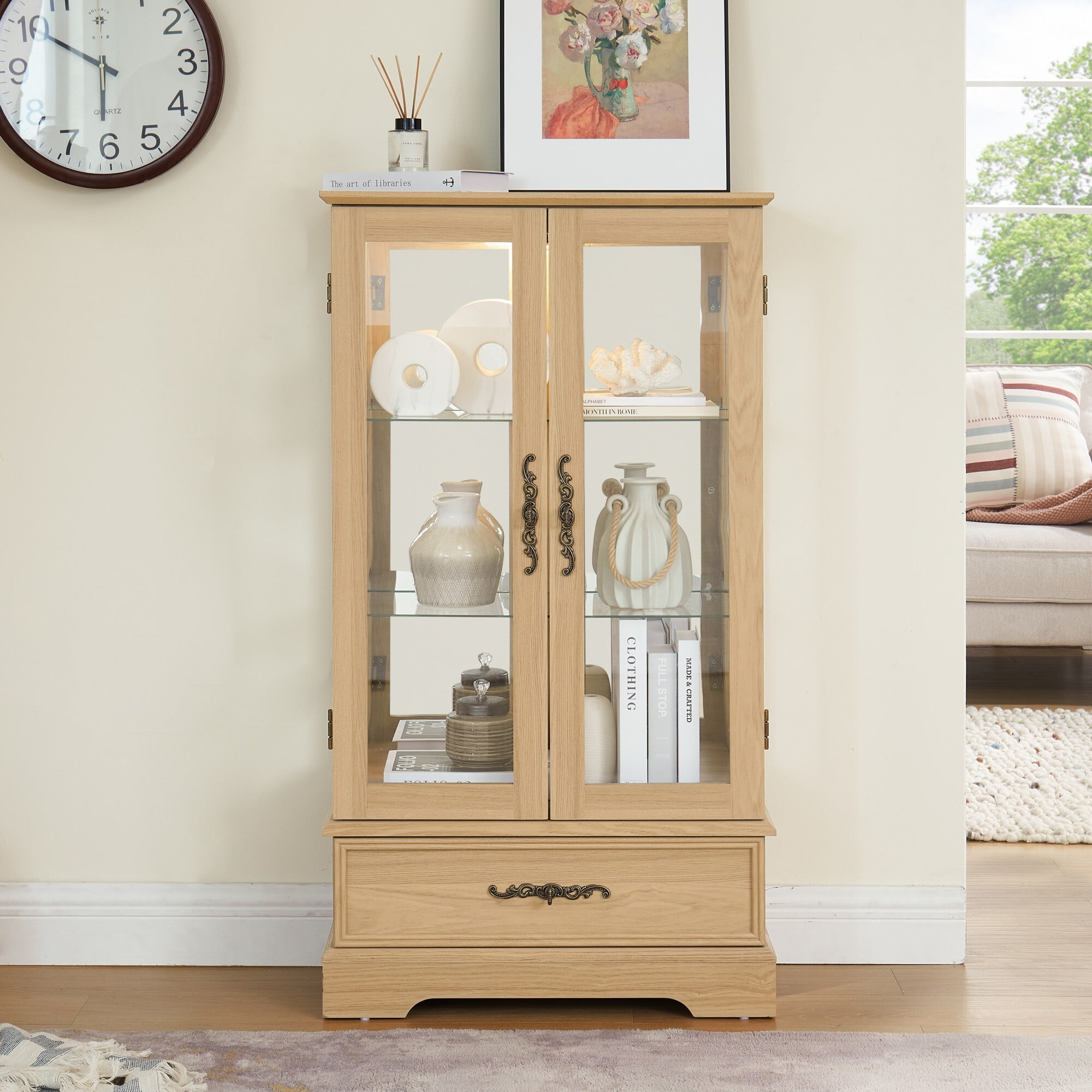 AENKYO 47" Retro Glass Curio Cabinet with Light Bulb - Vintage Display Case with Adjustable Glass Shelves, Oak