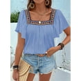 thumbnail image 5 of Mexican Shirts for Women Boho Embroidered Short Butterfly Sleeve Square Neck Loose Blouses Tees Blue L, 5 of 9