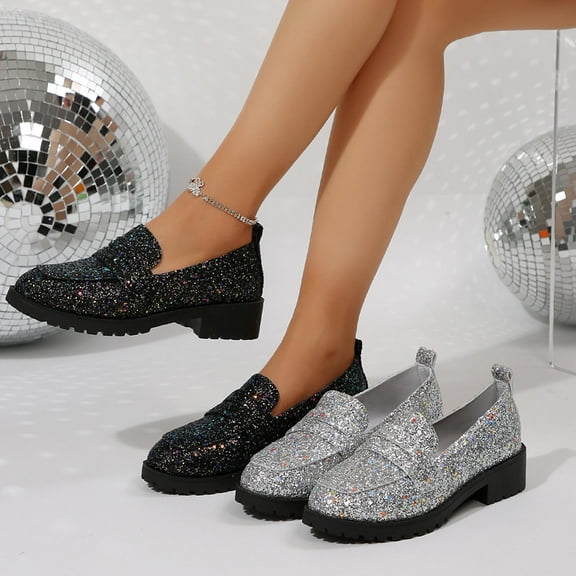 Miluxas Women's Fashion Loafers Solid Color Shining Round Toe Shallow Mouth Thick Heel Low Heel Thick Sole Casual Shoes Silver 9(42)