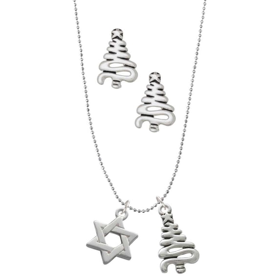 Delight Jewelry Silvertone Star Of David Silver tone Zig Zag Christmas Tree Charm Necklace and Stud Earrings