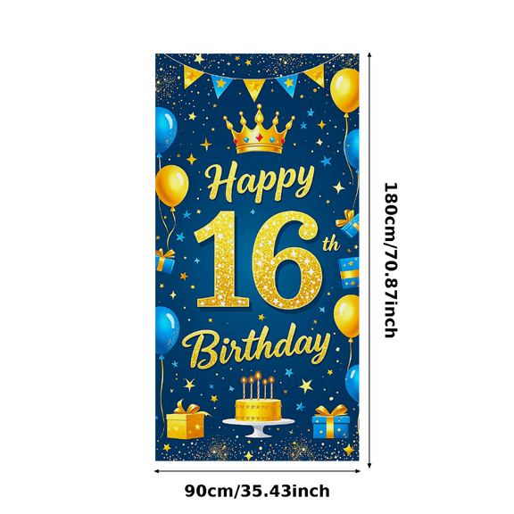 Blue and Gold Themed 16th Happy Birthday Backdrop Banner with Crown Balloons Stars Party Supplies Photography Props Birthday Decoration Party Decor Background