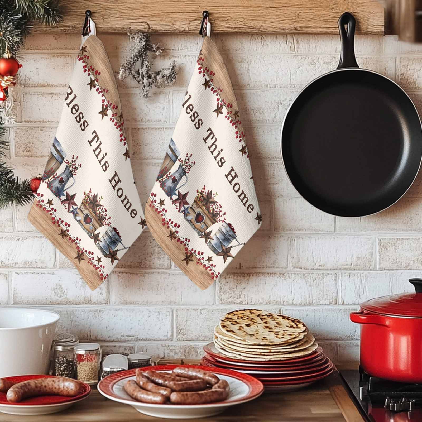 Dish Towels, Western Texas Star Wood Absorbent Kitchen Towels 2 PCS, Red Berry Farmhouse Barn Microfiber Hand Towels Dish Cloths Tea Towels for Home&nbsp;Bathroom Cleaning Drying,18X28-Inch,