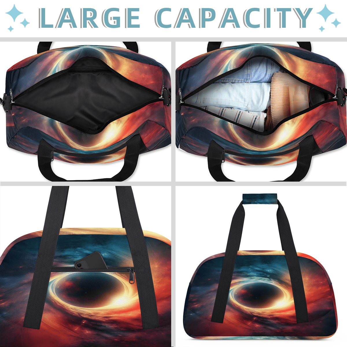 Herdesigns Galaxy Sports Duffle Bag for Women & Men, Planets Universe Space Gym Bag Dance Bag Overnight Bag Carry On Weekender Travel Bag
