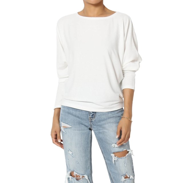 TheMoogan Women's PLUS Closet-Essential Drapey 3/4 Dolman Sleeve Boat Neck Relaxed Ribbed Top