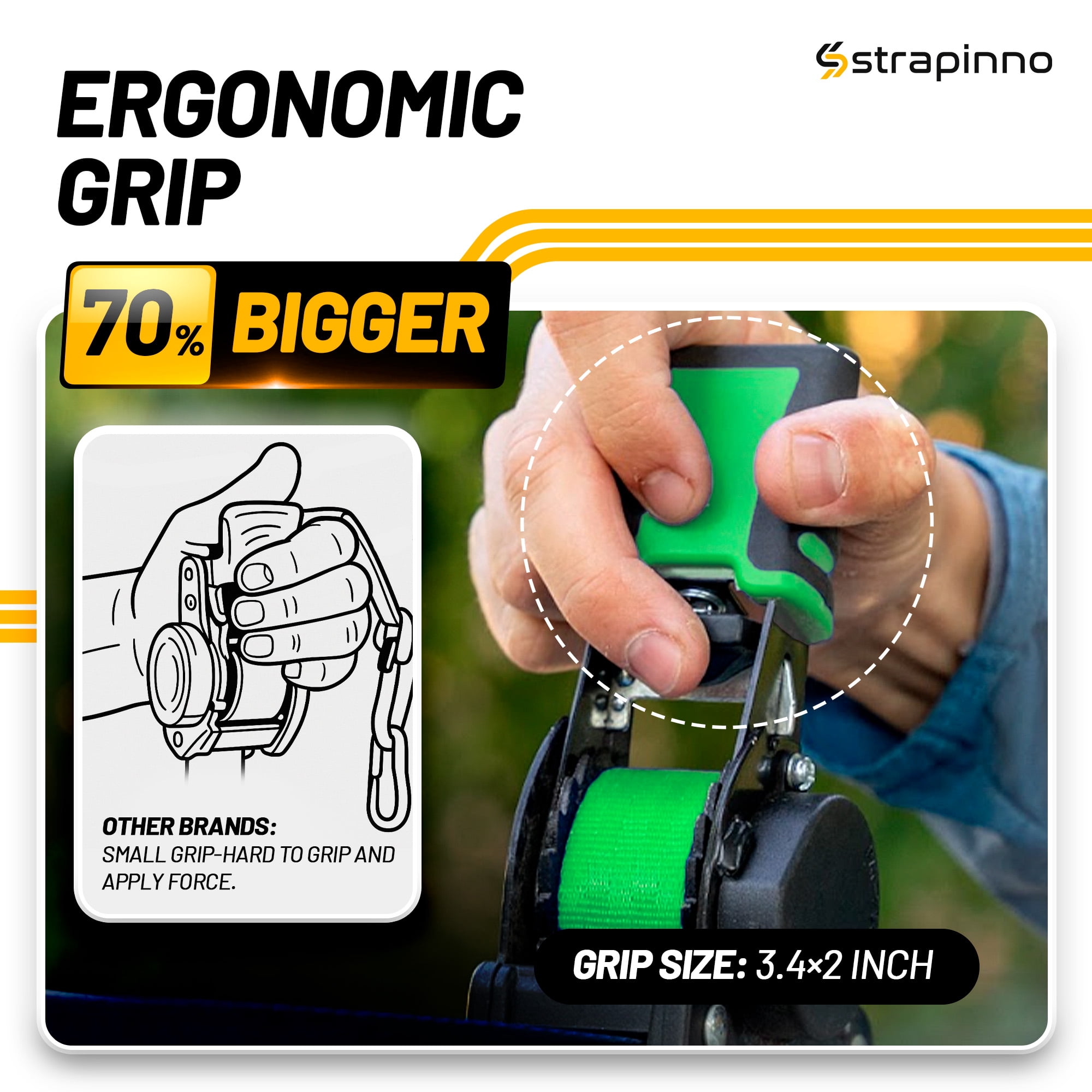 Strapinno Retractable Ratchet Straps 1 in x10ft, with Rubber-Coated Handles, S-Hooks, Secure Cargo Tie-Downs for Motorcycles, Bikes & Daily Use, Breaking Strength -1,500LBS/680KG (4 PK, Green)