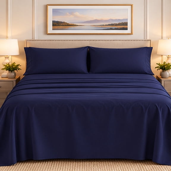 DBOZE 4 Piece Sheet Set Deep Pocket Brushed Cotton Blend, Wrinkle, Fade & Stain Resistant, King Size, (Blue)