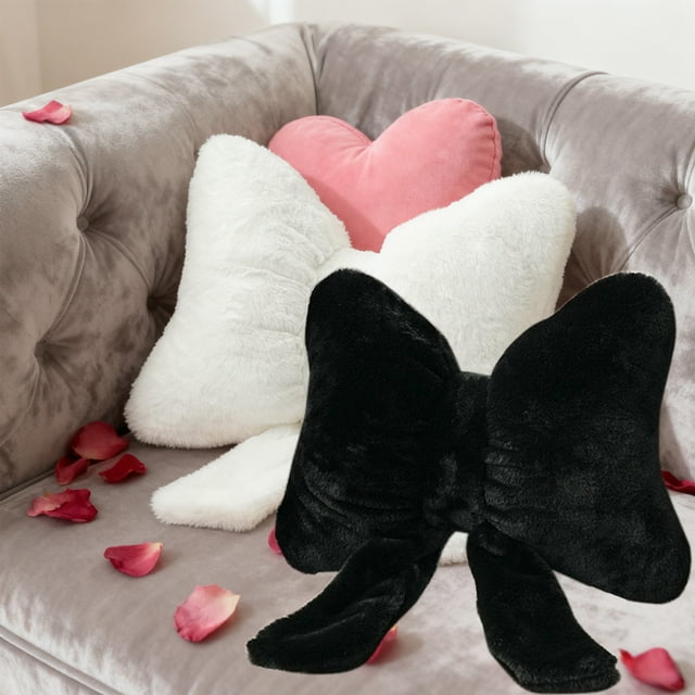 Cotton Pillow Black Faux Rabbit Fur Bow Tie Sofa Cushion Comfortable Seat and Backrest Pillow with Ribbon(1Pcs) Rkxzt
