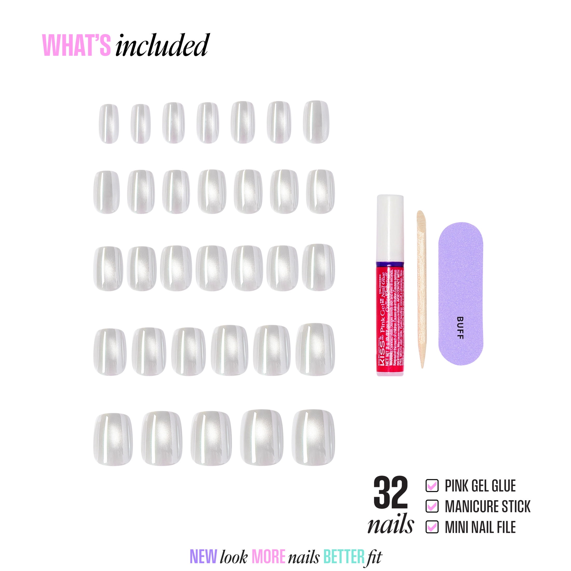 Kiss Glam Embellished Press On Nails, ‘Moonfizz’, White, Short Squoval, 32 Count
