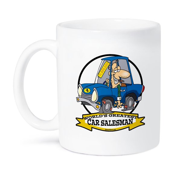 3dRose, Funny Worlds Greatest Car Salesman Men Cartoon, 15oz Mug