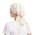 thumbnail image 2 of Fabrcox Women Lace Trim Pre-Tied Head Scarf Hat, Soft Breathable Crinkle Chemo Headwear, Full Coverage Turban Headwrap for Hair Loss Daily Sleeping Travel Beige, 2 of 4