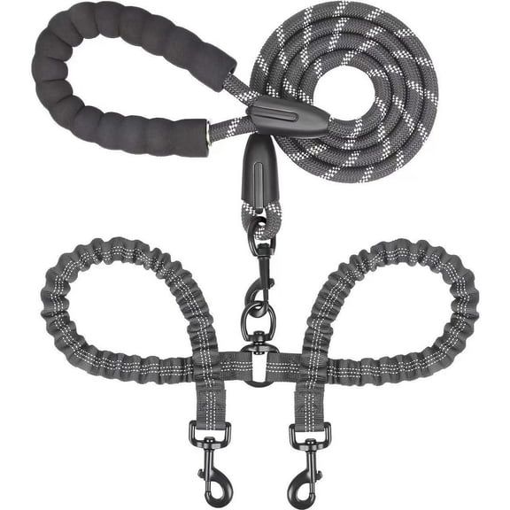 Dual Dog Leash - 360° Swivel No-Tangle Design with Shock-Absorbing Bungee | For Two Large Dogs (25-150 lbs), Black