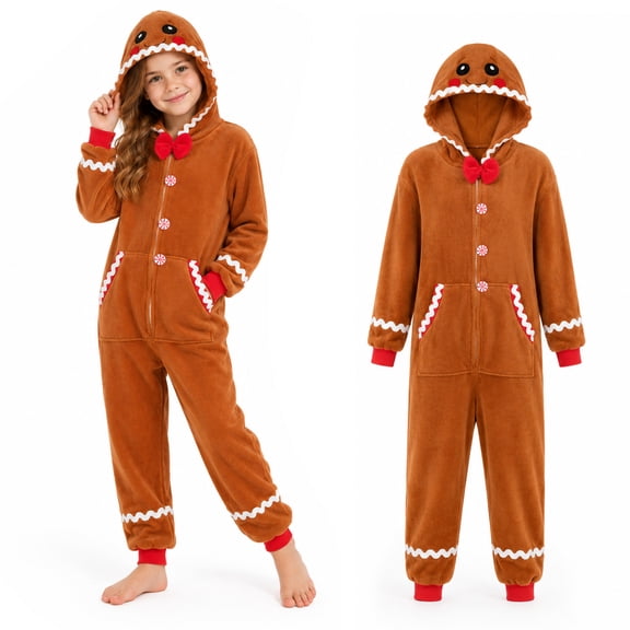 GOBWCOT Gingerbread Man Onesie Costume Pajamas for Kids, Hooded One‑Piece Jumpsuit Outfit for Halloween Christmas Holiday Cosplay Party Dress-Up