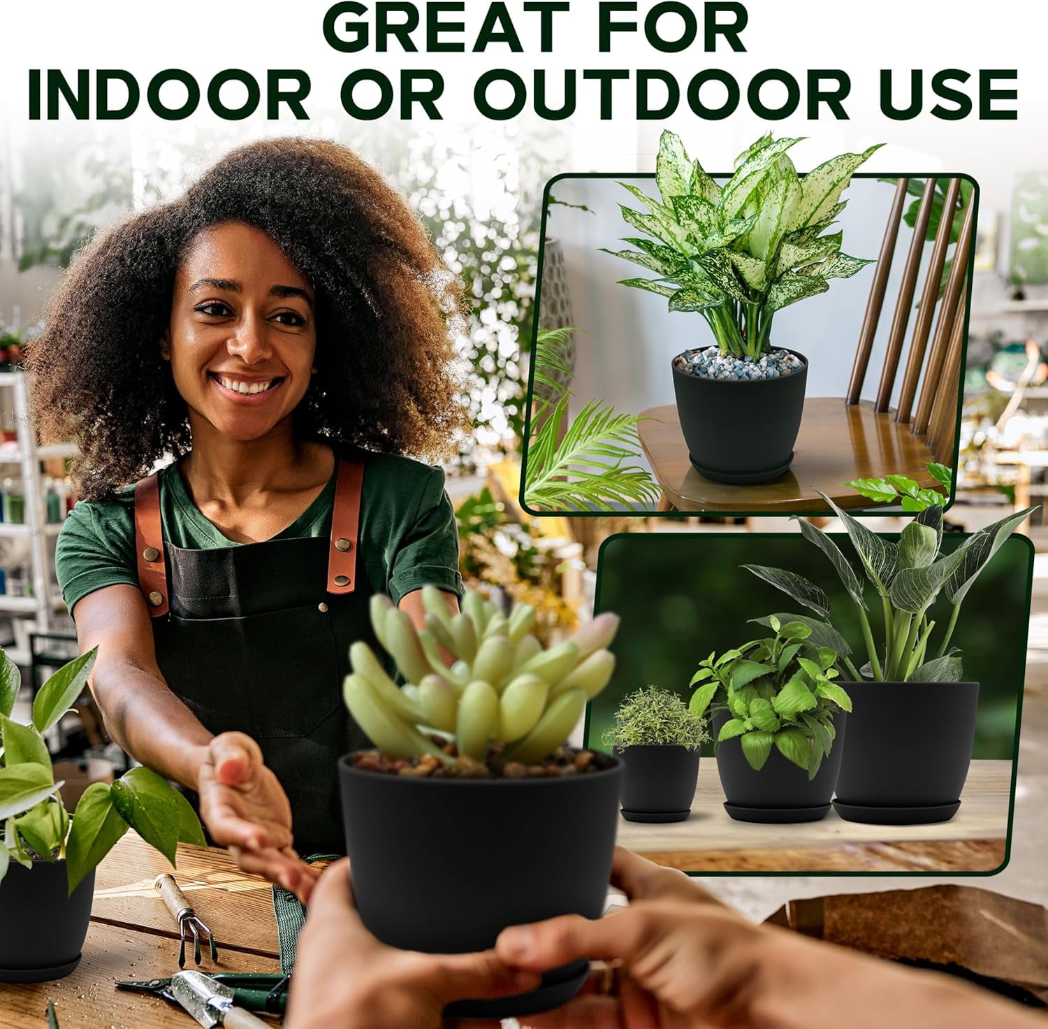 Campior Plastic Plant Pots with Drainage, Stackable Design for Indoor/Outdoor Use, Pack of 10, Black