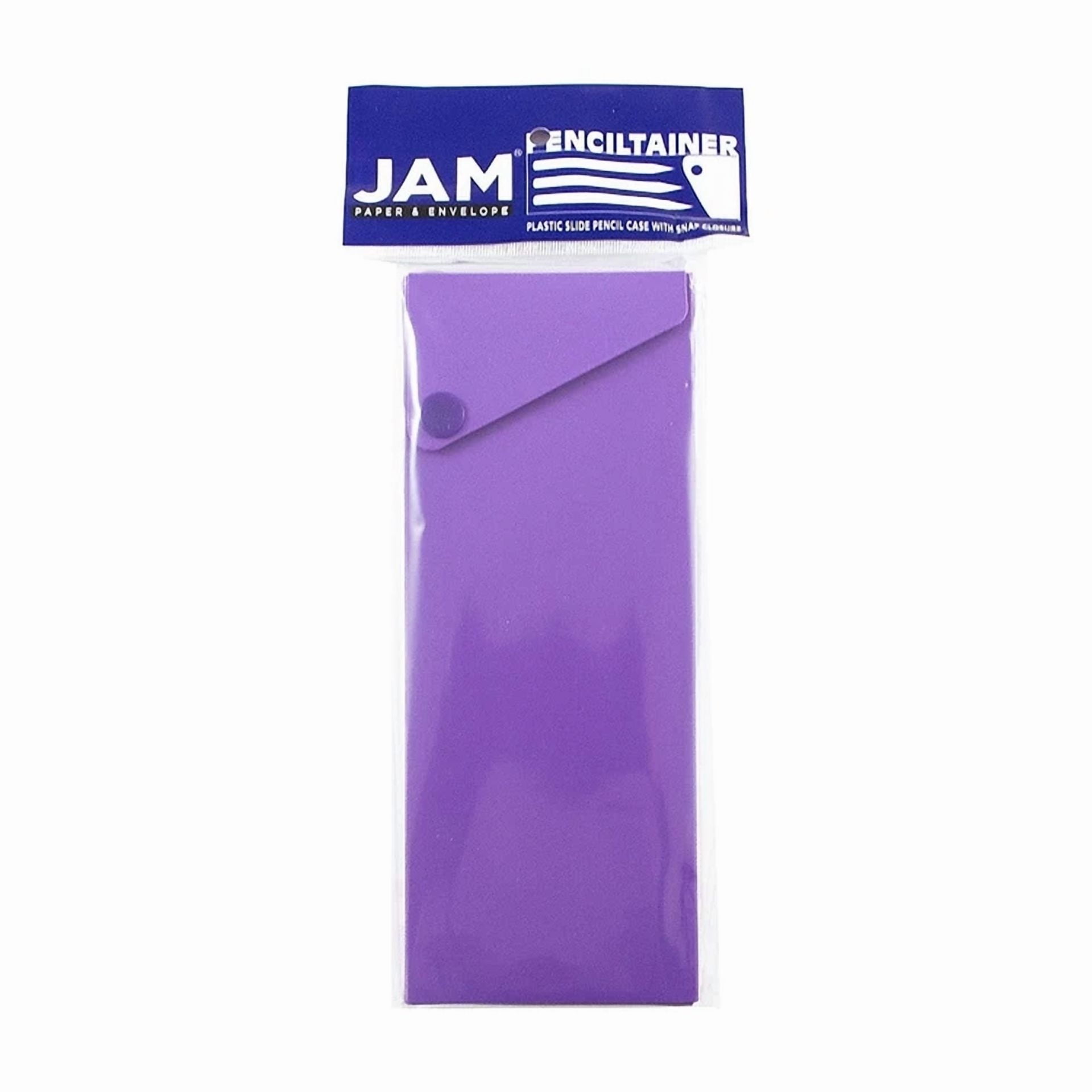 Jam Paper Plastic Sliding Pencil Case Box With Button Snap Purple 2166513300