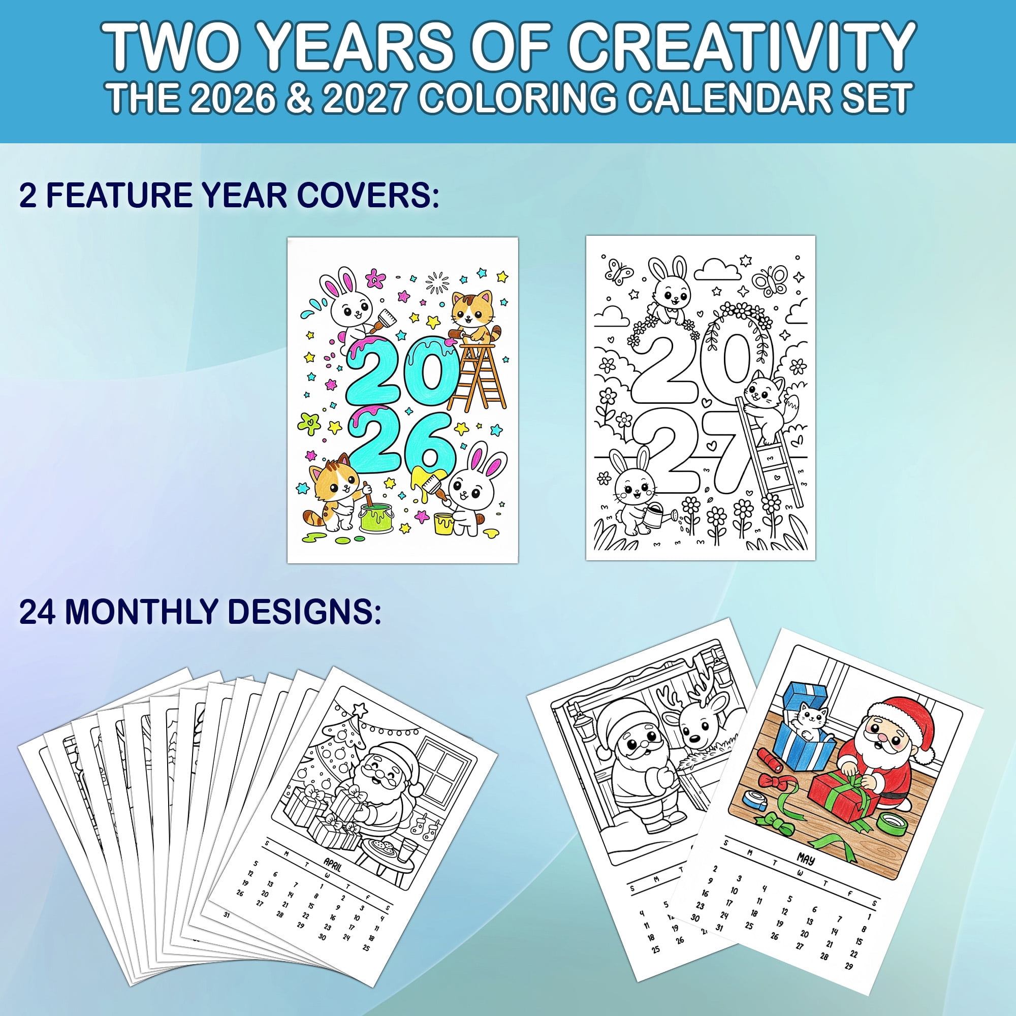 Merry Christmas Coloring Desk Calendar 2026–2027, A5 Wooden Cover Planner with 26 Easy Coloring Pages for Adult Relaxation, 24 Month Desktop Calendar with Stand, Gift for Family & Friends