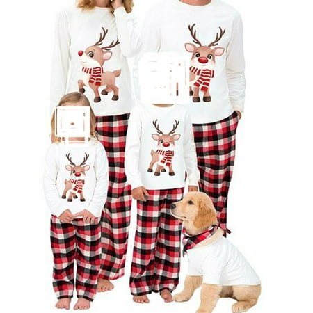 

Family Christmas Pajamas Matching Sets Long Sleeve Elk Printed Tops + Elastic Plaid Pants/Baby Romper/Dog Bib