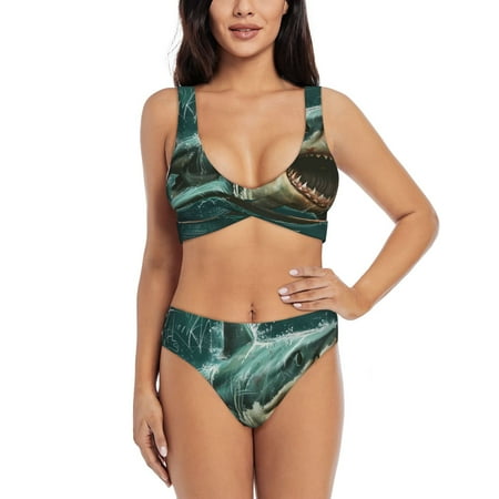 Zeuib Abstract Geometric Shark High Waisted Tummy Control Bikini Set - Knot Front Push Up Top & Cheeky Thong Bottom  Two-Piece Swimsuit for Women-Large