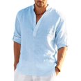 thumbnail image 1 of Camiseta de manga larga de lino para hombre, camiseta informal suelta de Color sólido, camisa de lino de algodón de manga larga, nueva, 1 of 4