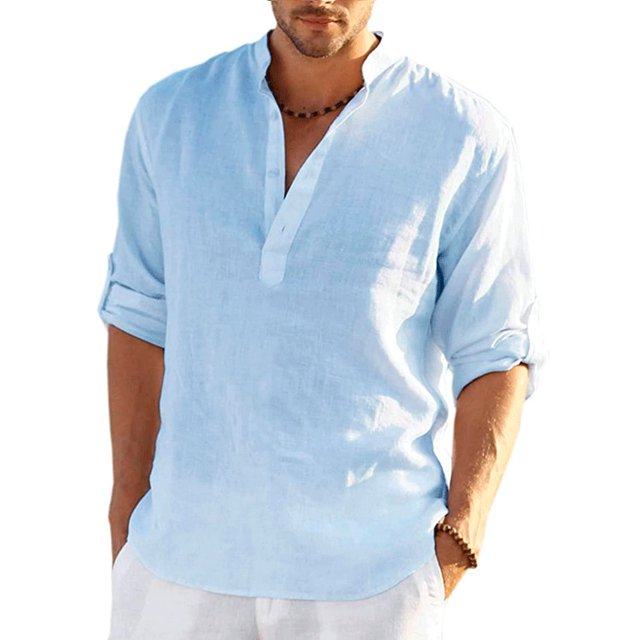 Camiseta de manga larga de lino para hombre, camiseta informal suelta de Color sólido, camisa de lino de algodón de manga larga, nueva