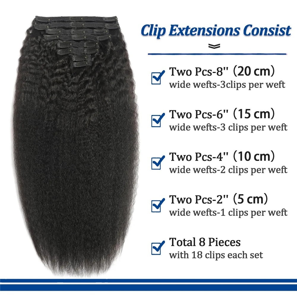 Kinky Straight Clip In Hair Extensions Real Human Hair Yaki Straight Clip Ins for Black Women Full Thick Remy Hair Extensions 8 Pcs 120g with 18 Clips