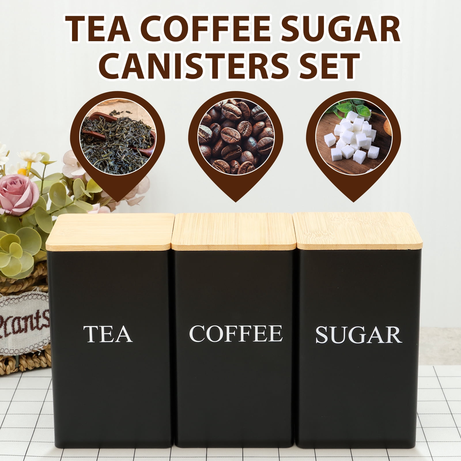 Tcwhniev 3 Pcs Coffee Tea Sugar Container Set with Bamboo Lid Metal Tea Coffee Sugar Canister Set for Kitchen Airtight Coffee Tea Sugar Food Storage Container
